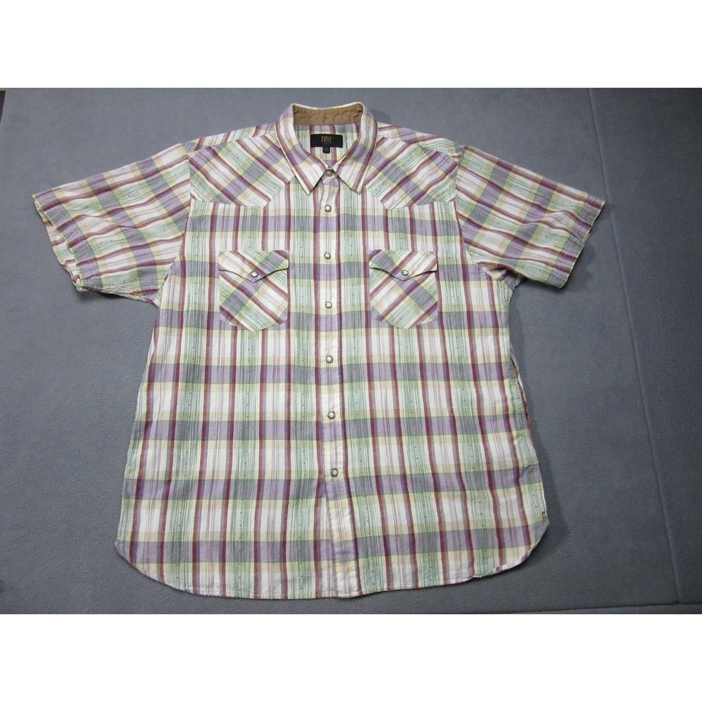 Frye Shirt Mens 2XL Green Red Plaid Western Pearl Snap Pockets Short Sleeve